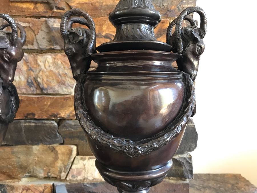 Pair Of Bronze Footed Rams Head Urns From Maitland-Smith 7.5W X 18H (Retails $930 For Pair) [Photo 5]