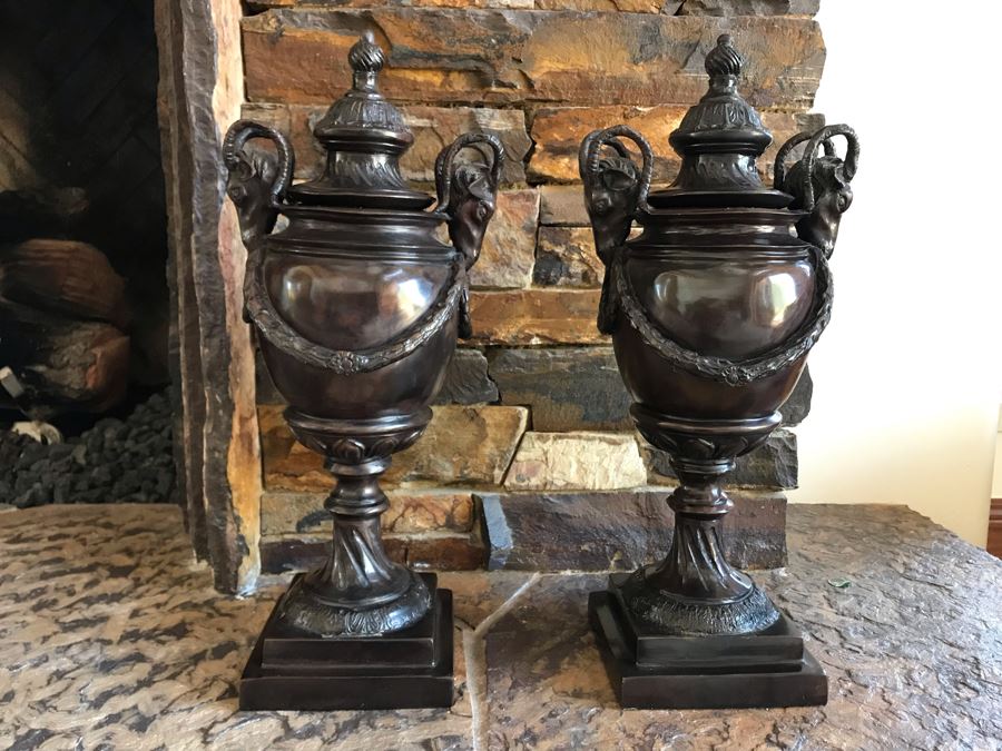 Pair Of Bronze Footed Rams Head Urns From Maitland-Smith 7.5W X 18H (Retails $930 For Pair)