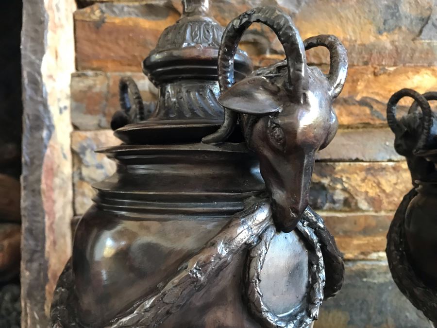 Pair Of Bronze Footed Rams Head Urns From Maitland-Smith 7.5W X 18H (Retails $930 For Pair) [Photo 11]