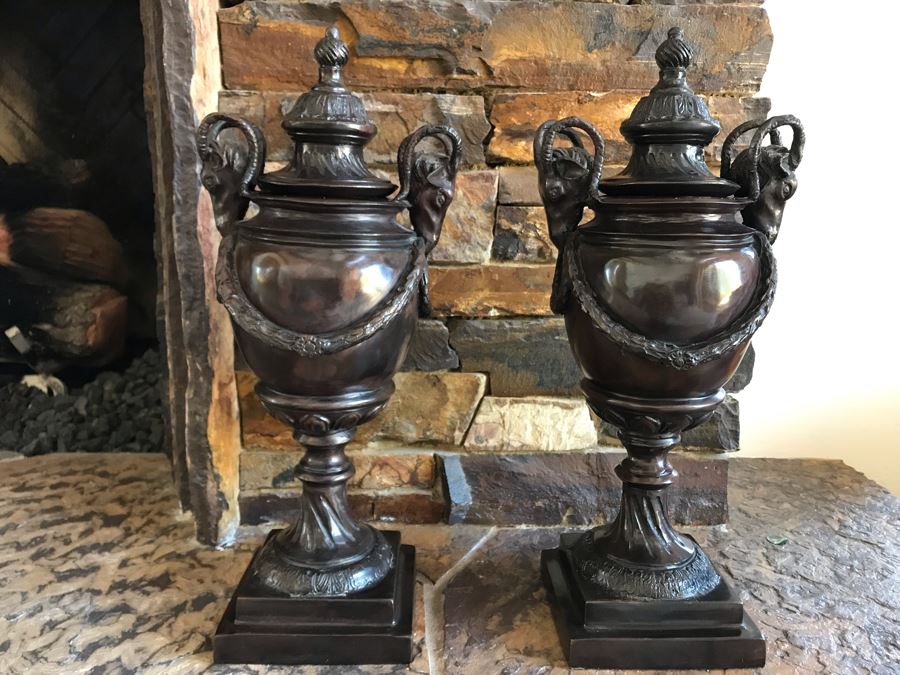 Pair Of Bronze Footed Rams Head Urns From Maitland-Smith 7.5W X 18H (Retails $930 For Pair) [Photo 6]