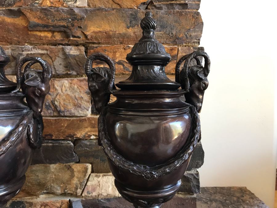 Pair Of Bronze Footed Rams Head Urns From Maitland-Smith 7.5W X 18H (Retails $930 For Pair) [Photo 3]