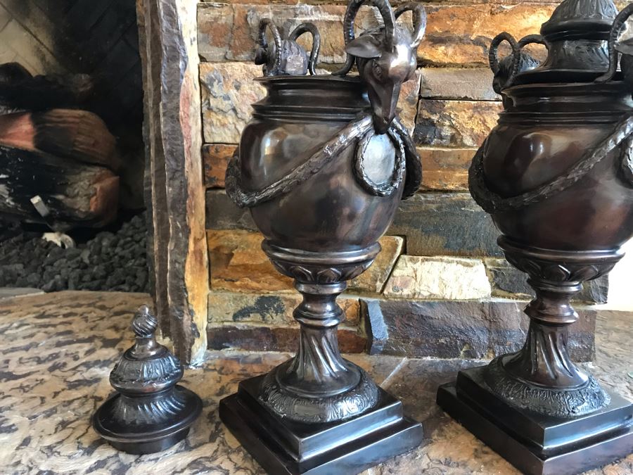 Pair Of Bronze Footed Rams Head Urns From Maitland-Smith 7.5W X 18H (Retails $930 For Pair) [Photo 13]