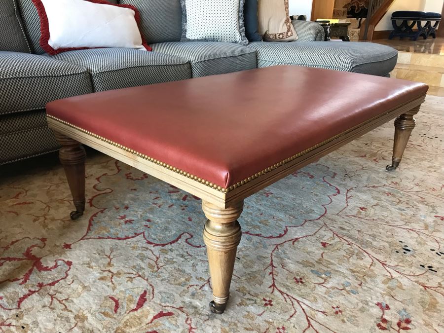 Light Burgundy Leather Ottoman With Brass Nailhead Trim 54W X 30.5D X 17H (Retails $3,500) [Photo 3]