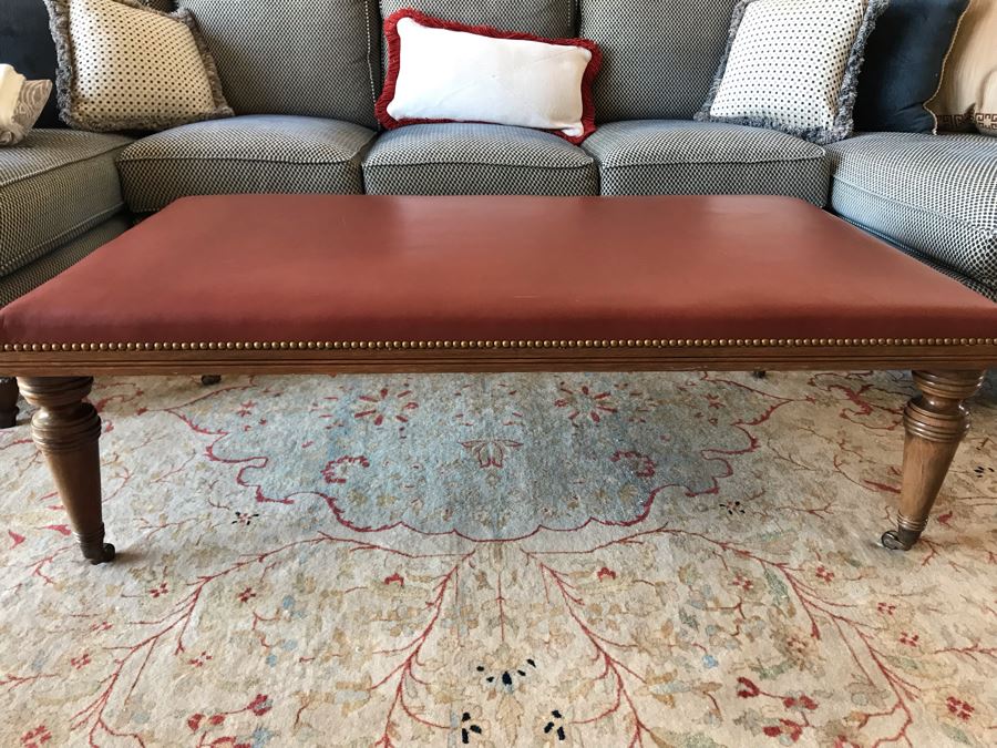Light Burgundy Leather Ottoman With Brass Nailhead Trim 54W X 30.5D X 17H (Retails $3,500) [Photo 5]