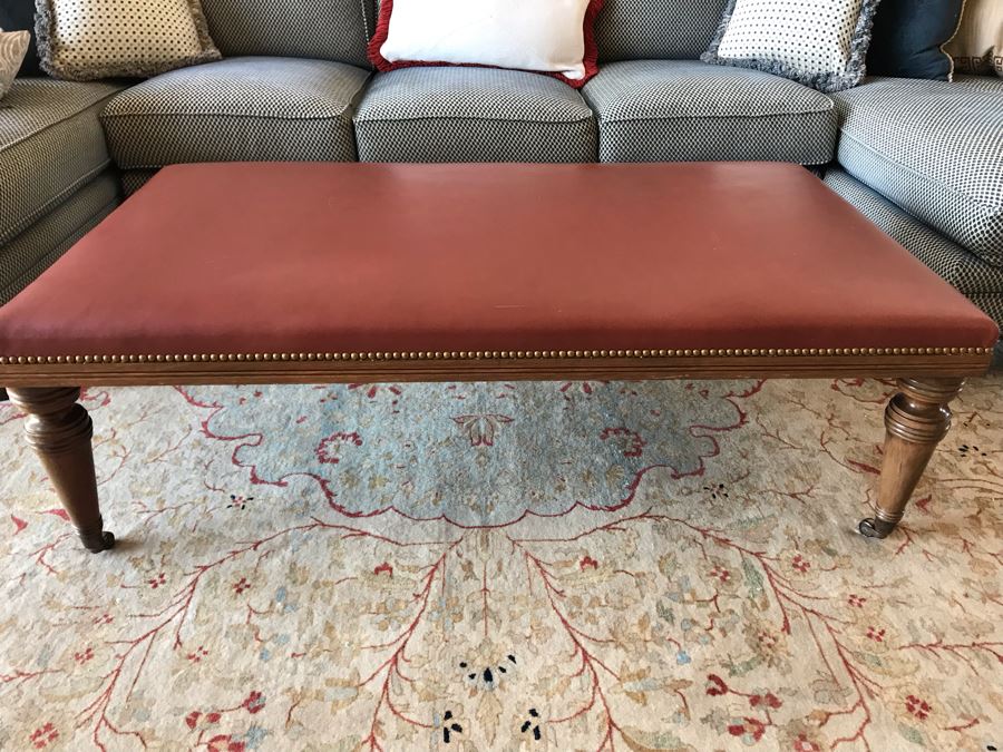 Light Burgundy Leather Ottoman With Brass Nailhead Trim 54W X 30.5D X 17H (Retails $3,500) [Photo 4]
