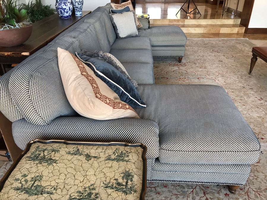 Kravet Furniture Sectional Sofa With Two Chaise Lounges, Brass Nailhead Trim And Six Throw Pillows - Spring Blend Down Seats 153W X 68D X 39H (Retails $17,000) [Photo 5]