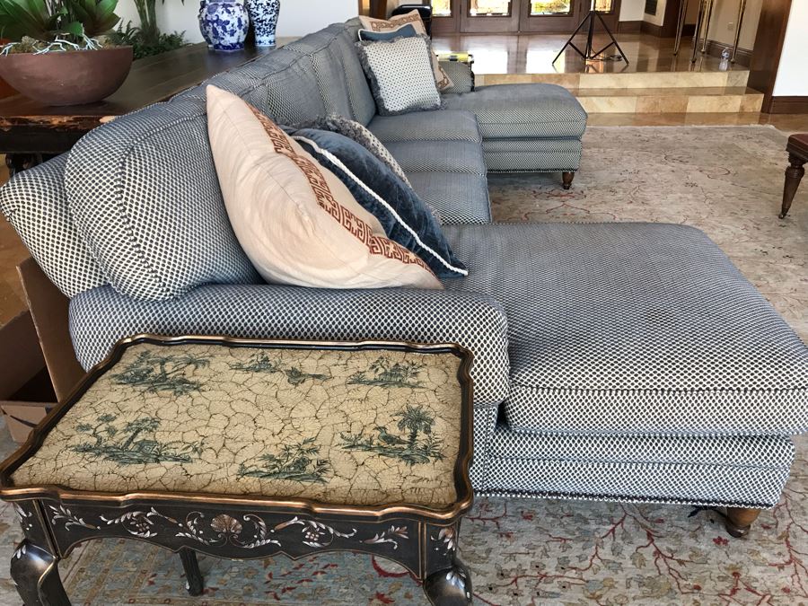 Kravet Furniture Sectional Sofa With Two Chaise Lounges, Brass Nailhead Trim And Six Throw Pillows - Spring Blend Down Seats 153W X 68D X 39H (Retails $17,000) [Photo 4]