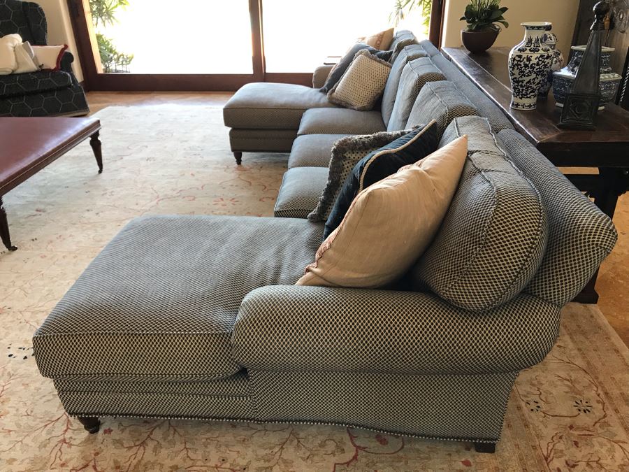 Kravet Furniture Sectional Sofa With Two Chaise Lounges, Brass Nailhead Trim And Six Throw Pillows - Spring Blend Down Seats 153W X 68D X 39H (Retails $17,000) [Photo 10]