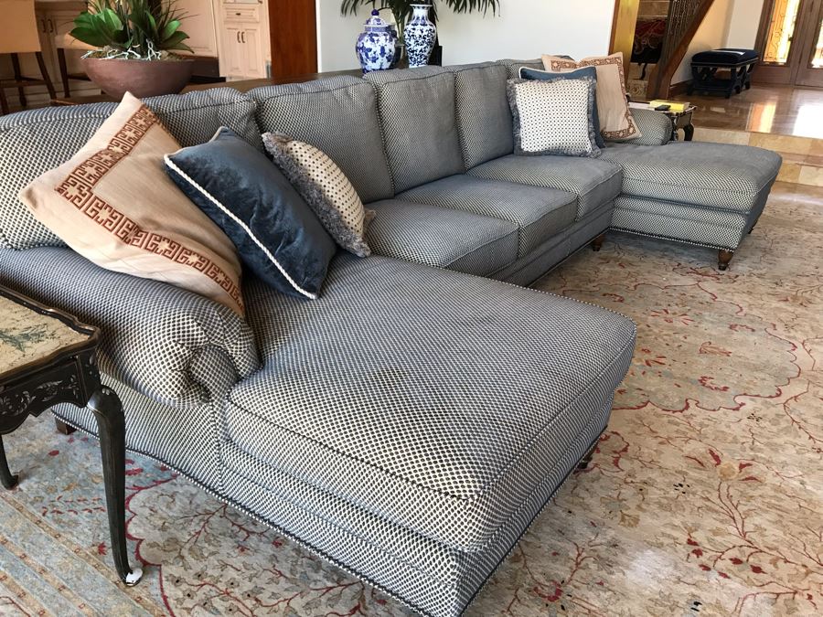 Kravet Furniture Sectional Sofa With Two Chaise Lounges, Brass Nailhead Trim And Six Throw Pillows - Spring Blend Down Seats 153W X 68D X 39H (Retails $17,000) [Photo 3]