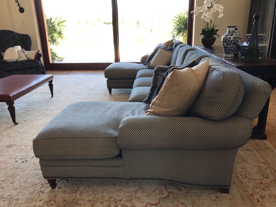 Kravet Furniture Sectional Sofa With Two Chaise Lounges, Brass Nailhead Trim And Six Throw Pillows - Spring Blend Down Seats 153W X 68D X 39H (Retails $17,000) [Photo 8]