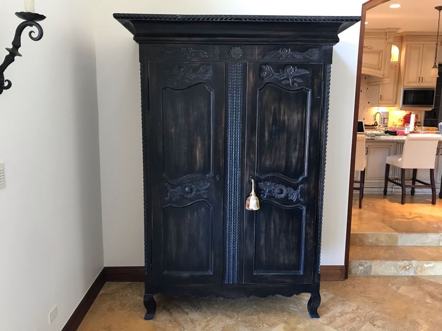 Carved Wooden Armoire Cabinet With Skeleton Key (No Screws Or Nails) By Marie Albert French & Country Furnishings New York 63W X 29.5D X 87.5H (Retails $5,000) [Photo 4]