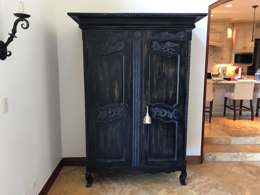 Carved Wooden Armoire Cabinet With Skeleton Key (No Screws Or Nails) By Marie Albert French & Country Furnishings New York 63W X 29.5D X 87.5H (Retails $5,000) [Photo 5]