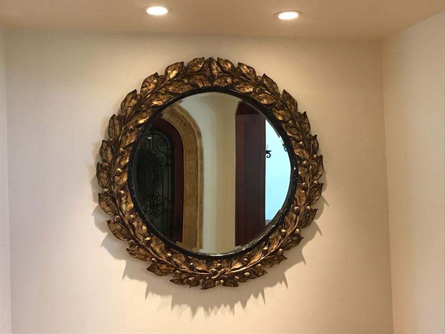 Large Round Gilded Mirror With Wreath Design (Has Slight Crack In Wood On Right - See Photos) Purchased In Boston Antique Store 48R (Retails $500) [Photo 3]
