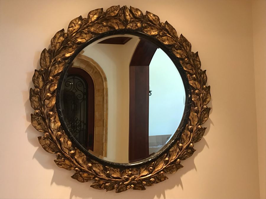 Large Round Gilded Mirror With Wreath Design (Has Slight Crack In Wood On Right - See Photos) Purchased In Boston Antique Store 48R (Retails $500) [Photo 5]