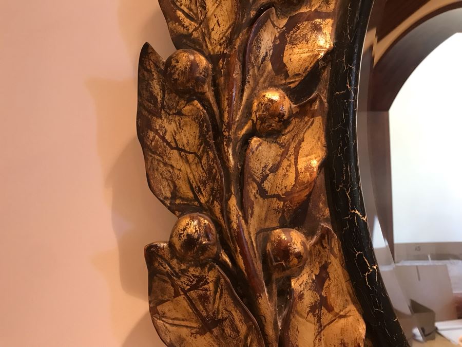 Large Round Gilded Mirror With Wreath Design (Has Slight Crack In Wood On Right - See Photos) Purchased In Boston Antique Store 48R (Retails $500) [Photo 7]