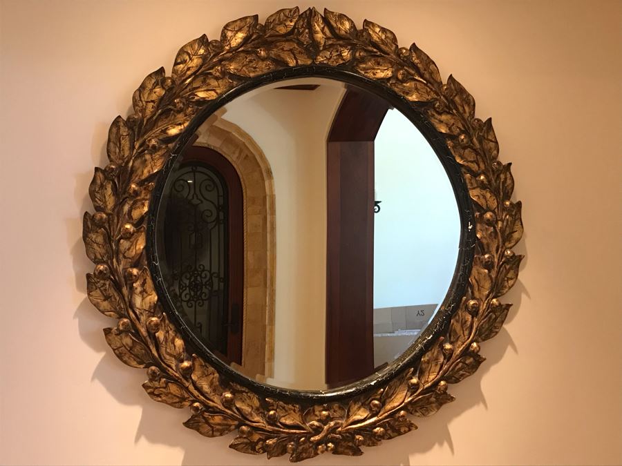 Large Round Gilded Mirror With Wreath Design (Has Slight Crack In Wood On Right - See Photos) Purchased In Boston Antique Store 48R (Retails $500) [Photo 10]