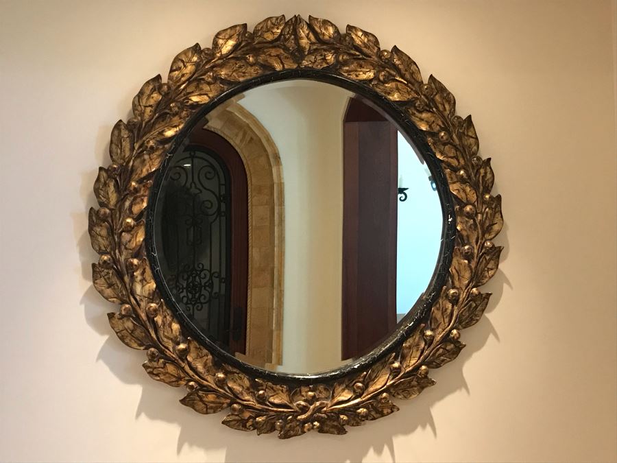 Large Round Gilded Mirror With Wreath Design (Has Slight Crack In Wood On Right - See Photos) Purchased In Boston Antique Store 48R (Retails $500) [Photo 4]