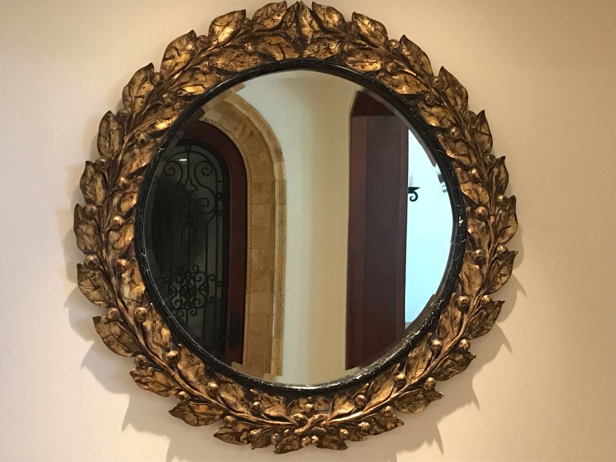 Large Round Gilded Mirror With Wreath Design (Has Slight Crack In Wood On Right - See Photos) Purchased In Boston Antique Store 48R (Retails $500) [Photo 2]