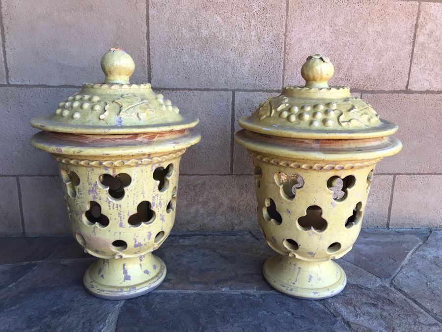 Large Pair Of Yellow Ceramic Grape Motif Urns With Candles (Finial Handle On One Lid Has Been Repaired)  18W X 25H [Photo 4]