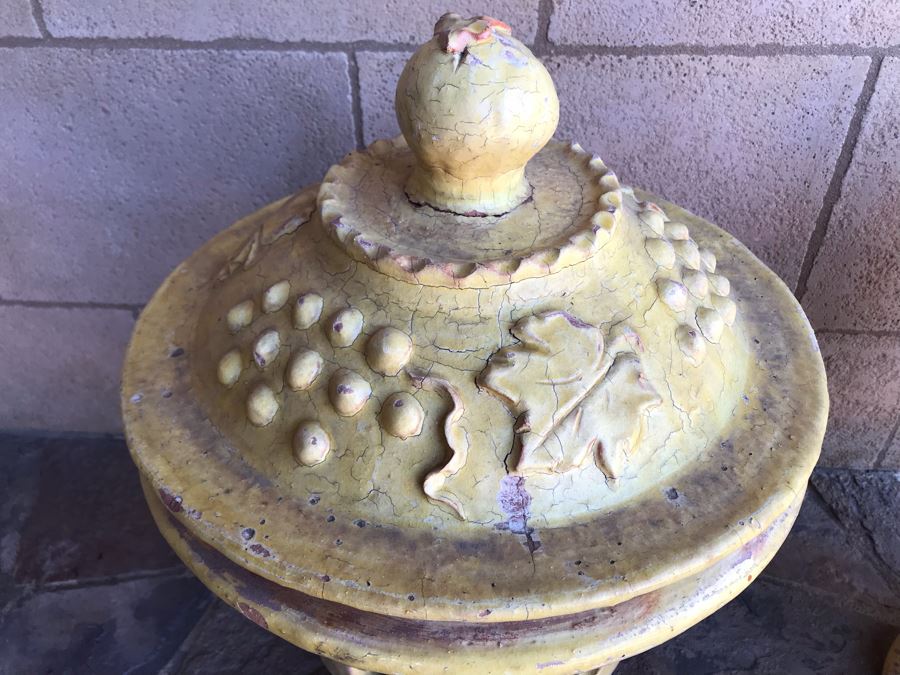 Large Pair Of Yellow Ceramic Grape Motif Urns With Candles (Finial Handle On One Lid Has Been Repaired)  18W X 25H [Photo 5]