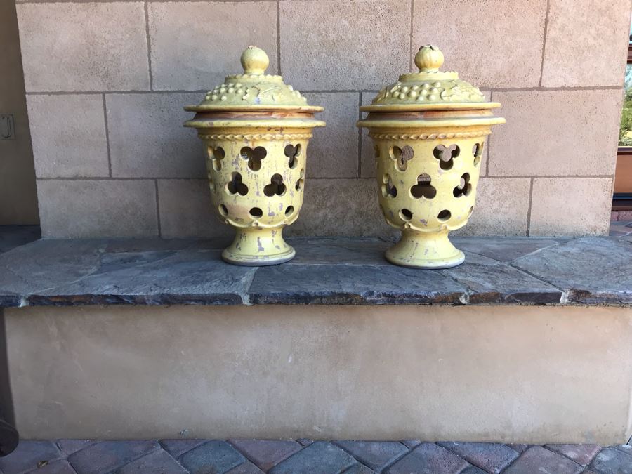 Large Pair Of Yellow Ceramic Grape Motif Urns With Candles (Finial Handle On One Lid Has Been Repaired)  18W X 25H [Photo 7]