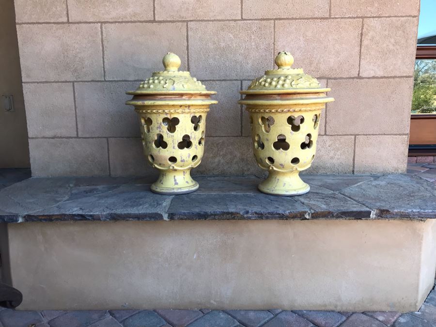 Large Pair Of Yellow Ceramic Grape Motif Urns With Candles (Finial Handle On One Lid Has Been Repaired)  18W X 25H [Photo 8]