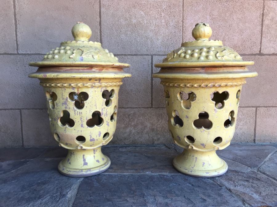 Large Pair Of Yellow Ceramic Grape Motif Urns With Candles (Finial Handle On One Lid Has Been Repaired)  18W X 25H [Photo 2]