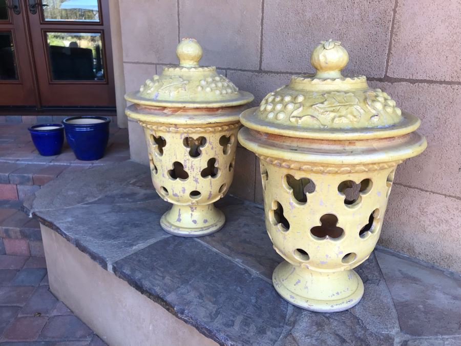 Large Pair Of Yellow Ceramic Grape Motif Urns With Candles (Finial Handle On One Lid Has Been Repaired)  18W X 25H [Photo 9]