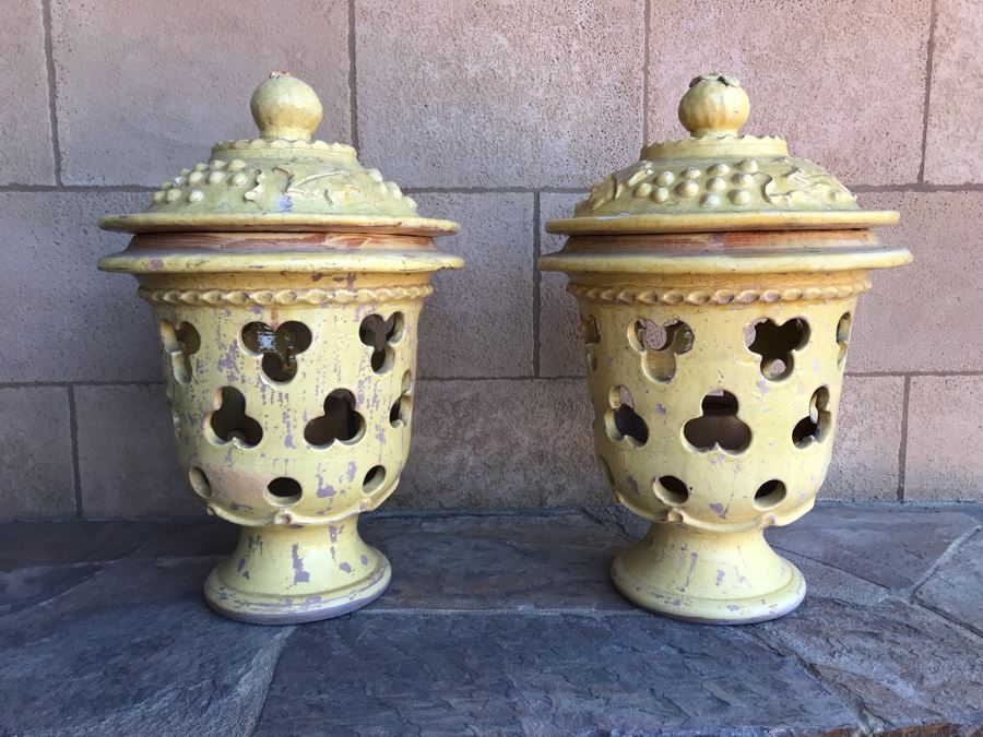 Large Pair Of Yellow Ceramic Grape Motif Urns With Candles (Finial Handle On One Lid Has Been Repaired)  18W X 25H [Photo 3]