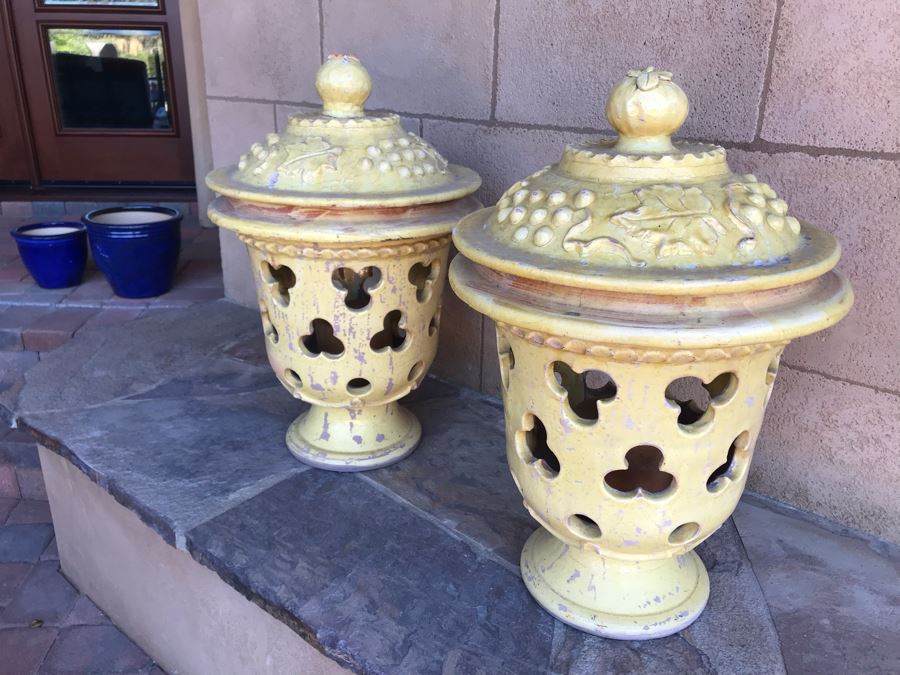 Large Pair Of Yellow Ceramic Grape Motif Urns With Candles (Finial Handle On One Lid Has Been Repaired)  18W X 25H [Photo 1]