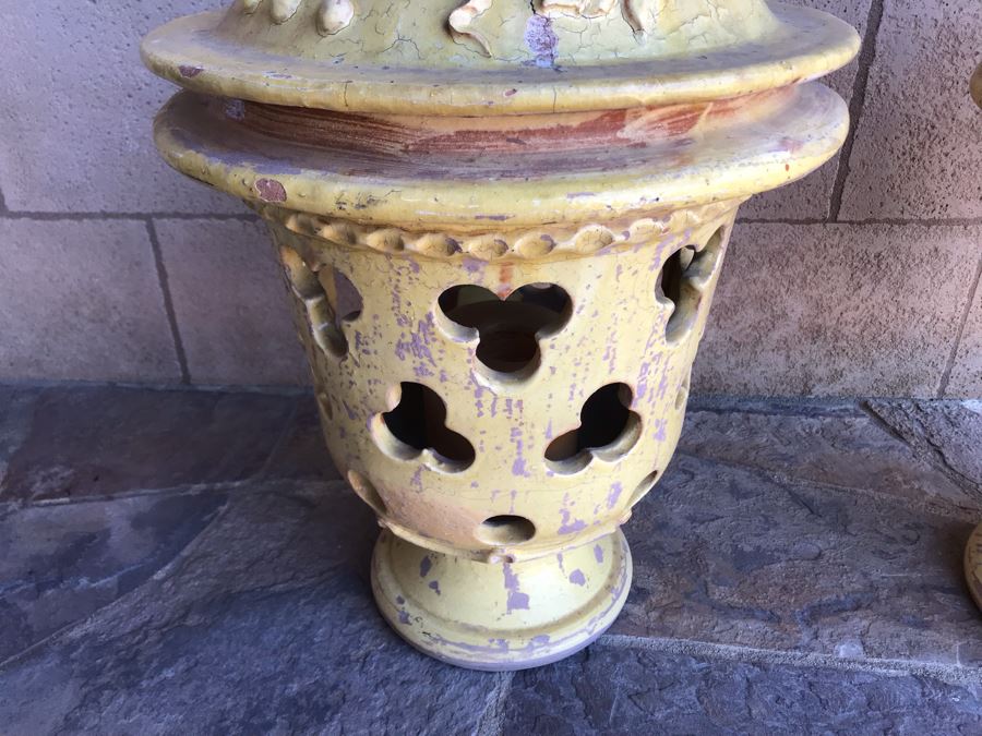 Large Pair Of Yellow Ceramic Grape Motif Urns With Candles (Finial Handle On One Lid Has Been Repaired)  18W X 25H [Photo 6]