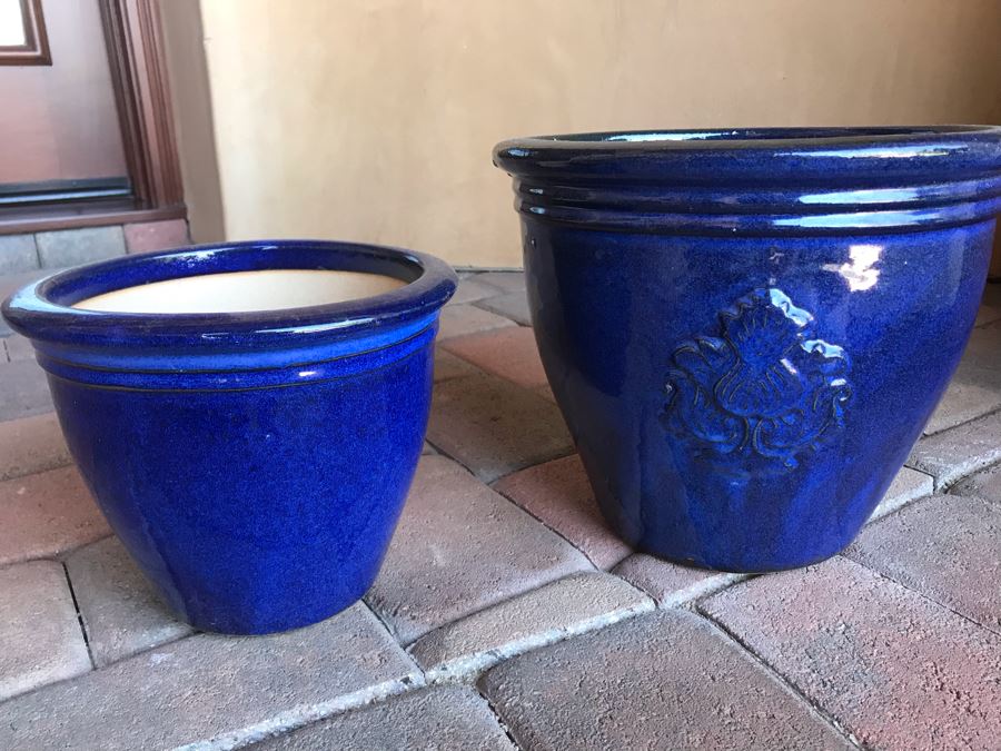 Pair Of Blue Glazed Pots 9W X 12W