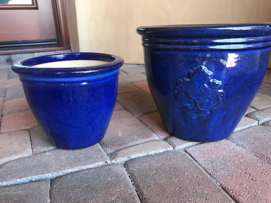 Pair Of Blue Glazed Pots 9W X 12W [Photo 2]