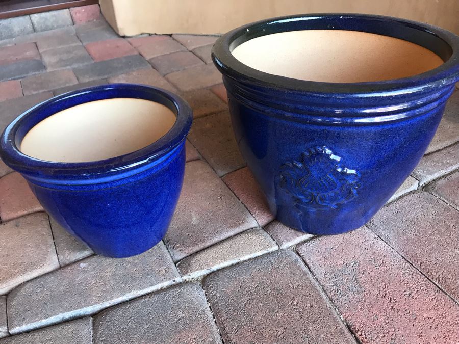 Pair Of Blue Glazed Pots 9W X 12W [Photo 3]