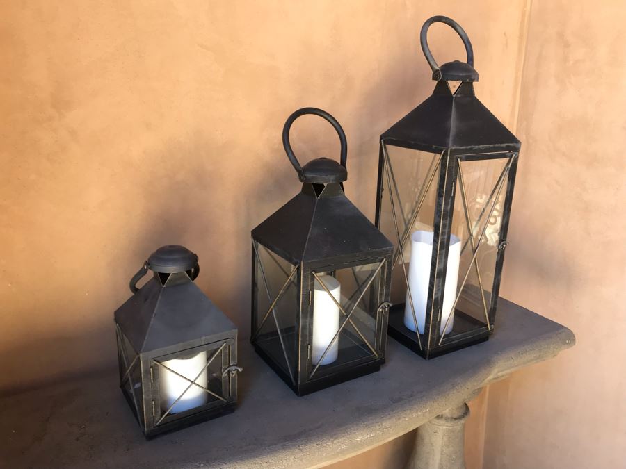 (3) Metal Lanterns With Battery Powered Candles 27H 20H 14H [Photo 4]