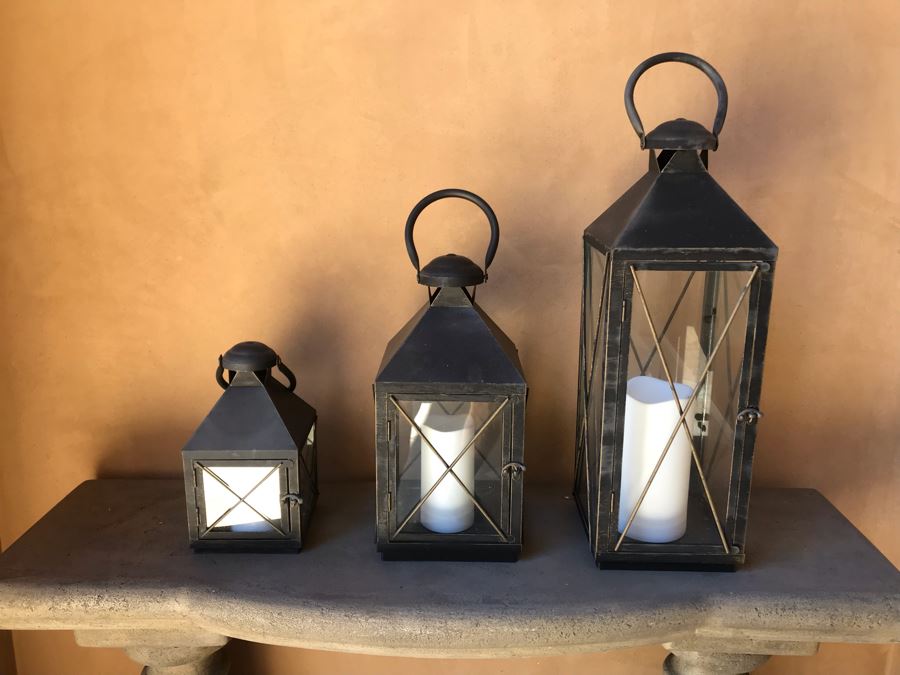 (3) Metal Lanterns With Battery Powered Candles 27H 20H 14H [Photo 1]