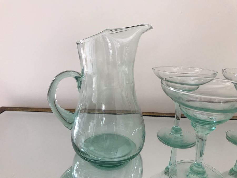 Blown Glass Pitcher 9H With (6) Margarita Glasses 6H [Photo 5]