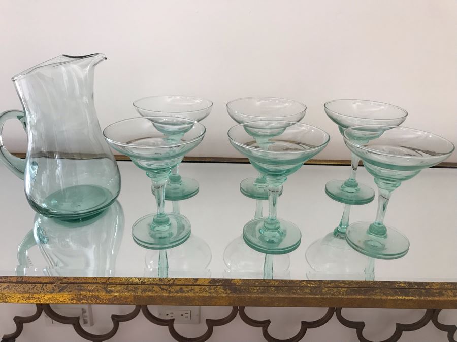 Blown Glass Pitcher 9H With (6) Margarita Glasses 6H [Photo 3]