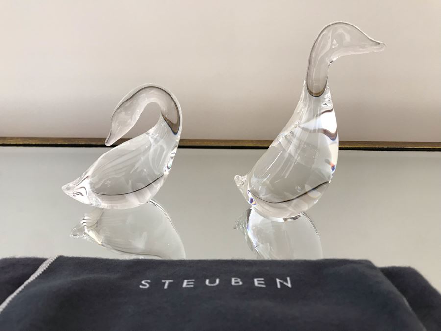 Pair Of Steuben Crystal Swans 4.5H And 5.25H