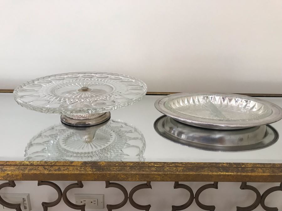 Footed Silverplate Cake Stand 11W And Silverplate Divided Dish 11.5W