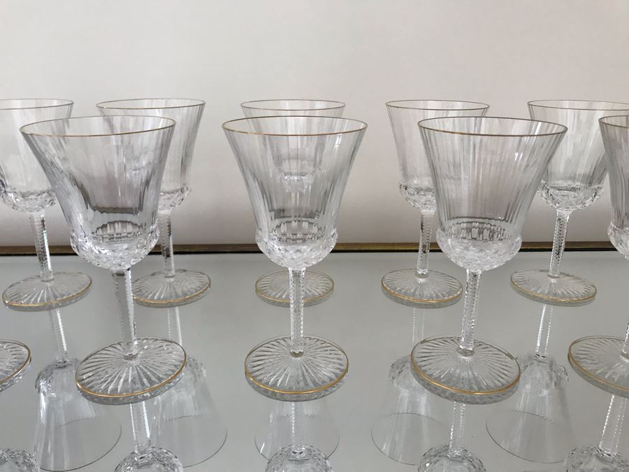 (10) Saint Louis Crystal Gold Rim Apollo Wine Glasses 7H Made In France (Oldest Glass Maker In France) (Retails $2,850) [Photo 1]