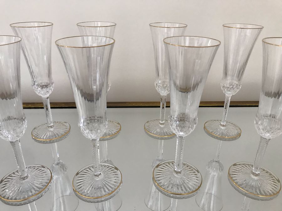 (8) Saint Louis Crystal Gold Rim Apollo Fluted Champagne Glasses 7.375H Made In France (Oldest Glass Maker In France) (Retails $2,200) [Photo 4]