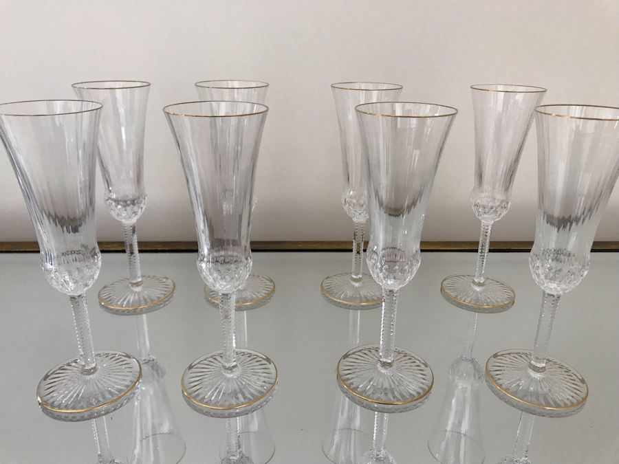(8) Saint Louis Crystal Gold Rim Apollo Fluted Champagne Glasses 7.375H Made In France (Oldest Glass Maker In France) (Retails $2,200) [Photo 2]