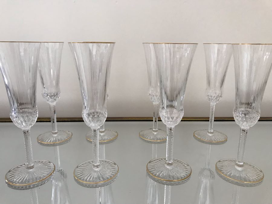(8) Saint Louis Crystal Gold Rim Apollo Fluted Champagne Glasses 7.375H Made In France (Oldest Glass Maker In France) (Retails $2,200) [Photo 3]
