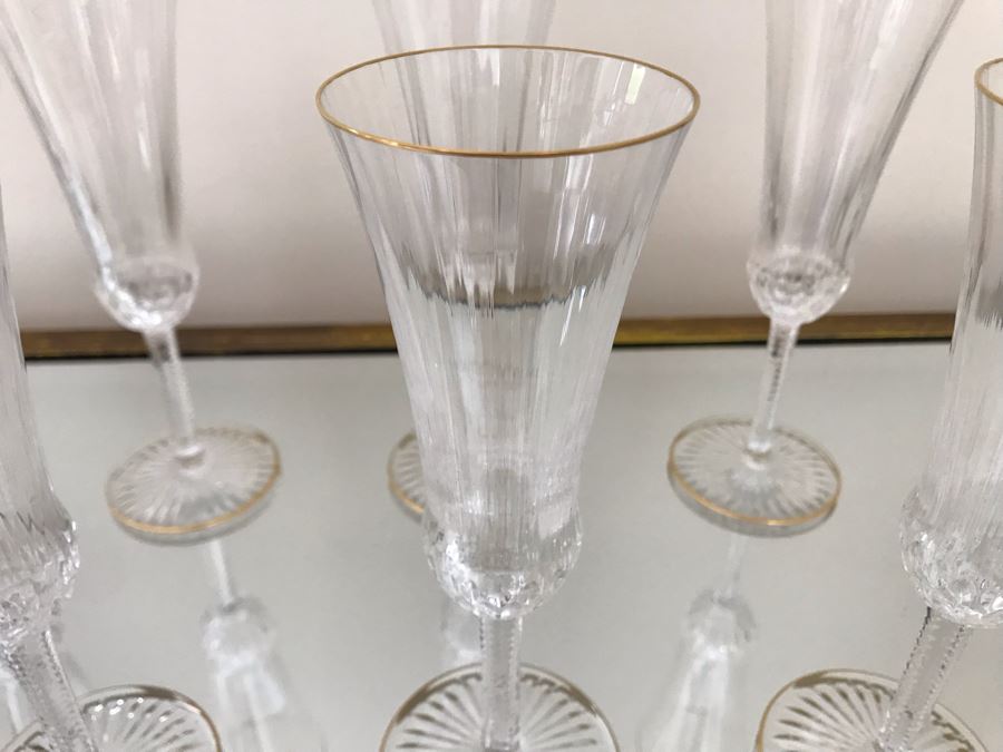 (8) Saint Louis Crystal Gold Rim Apollo Fluted Champagne Glasses 7.375H Made In France (Oldest Glass Maker In France) (Retails $2,200) [Photo 8]