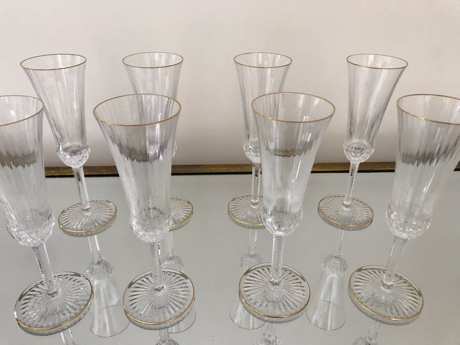 (8) Saint Louis Crystal Gold Rim Apollo Fluted Champagne Glasses 7.375H Made In France (Oldest Glass Maker In France) (Retails $2,200) [Photo 5]