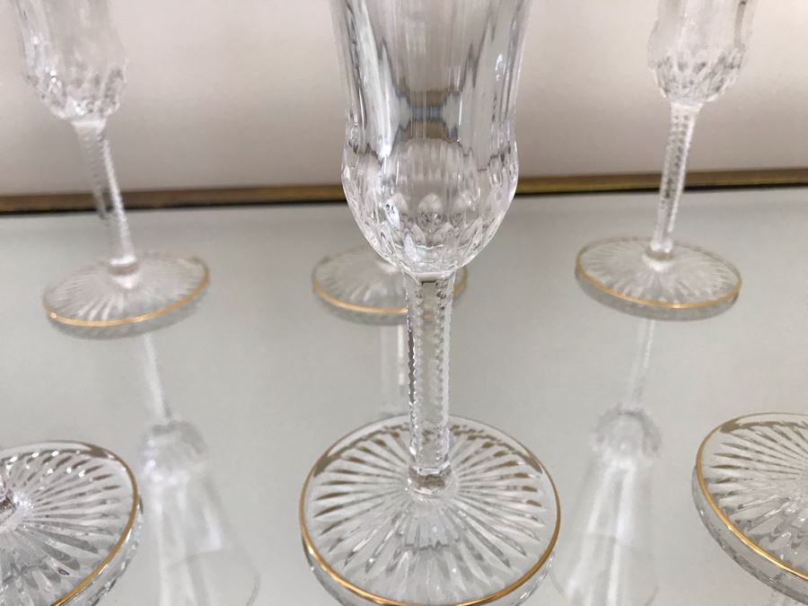 (8) Saint Louis Crystal Gold Rim Apollo Fluted Champagne Glasses 7.375H Made In France (Oldest Glass Maker In France) (Retails $2,200) [Photo 7]