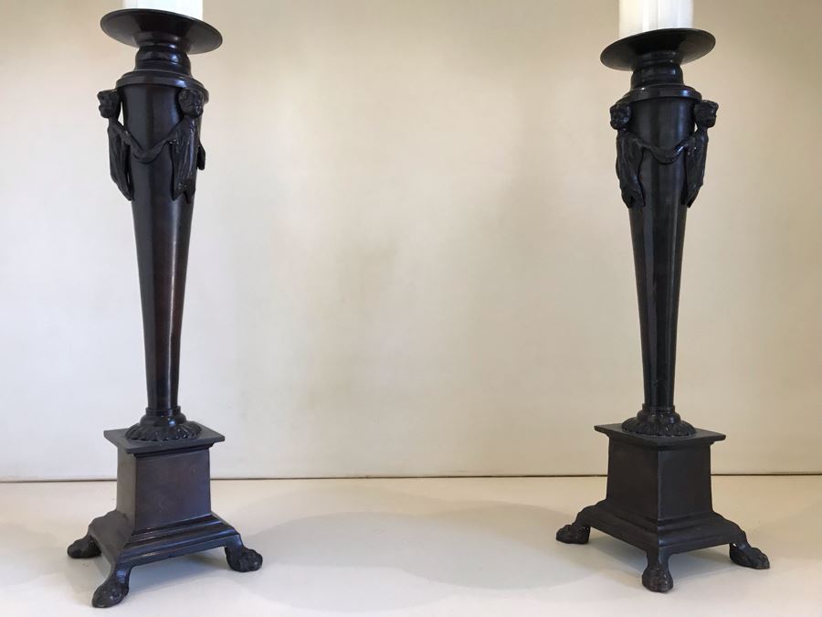 Pair Of Large Bronze Lion Footed Candle Holders By Maitland-Smith 21H (Retails $430) [Photo 5]