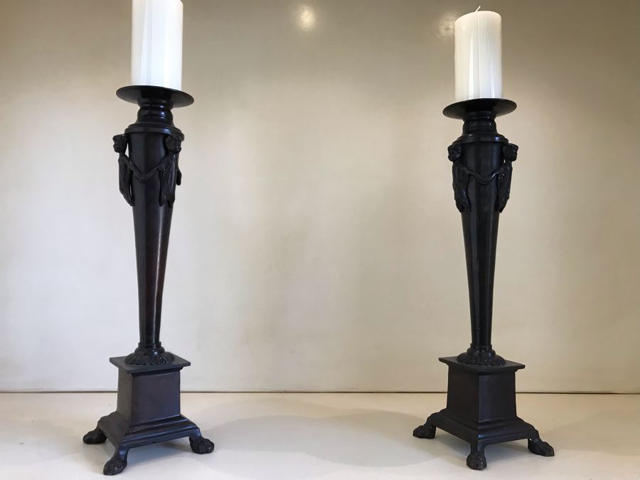 Pair Of Large Bronze Lion Footed Candle Holders By Maitland-Smith 21H (Retails $430) [Photo 4]