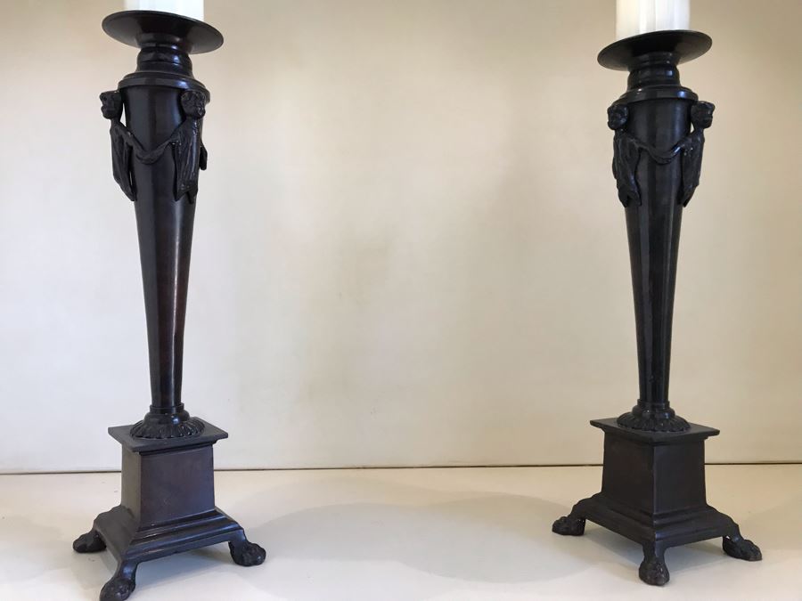 Pair Of Large Bronze Lion Footed Candle Holders By Maitland-Smith 21H (Retails $430) [Photo 1]